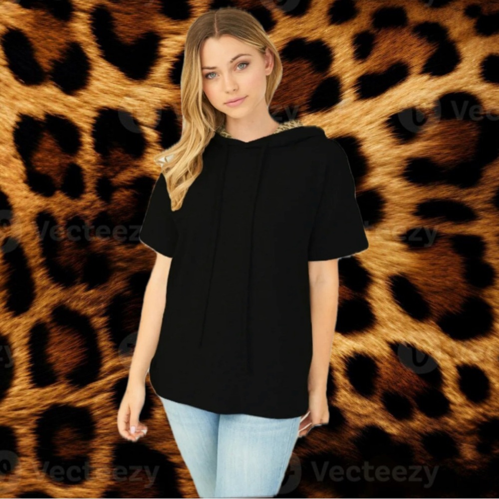 Black Leopard Print Short-Sleeved Hoodie - Picture 2 of 6